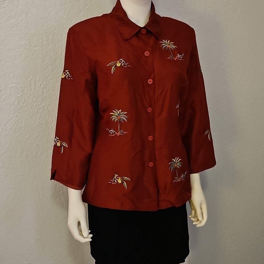 Vintage SILKLAND Maroon Palm Tree Monkey Embroidered Button Down Shacket - Picture 2 of 9
